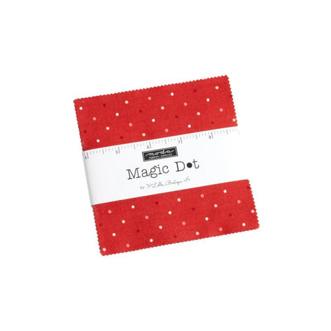 Image of the Magic Dot Charm Pack by Moda Fabrics. Features multicolored dots on various backgrounds. 
Cute Little Fabric Shop