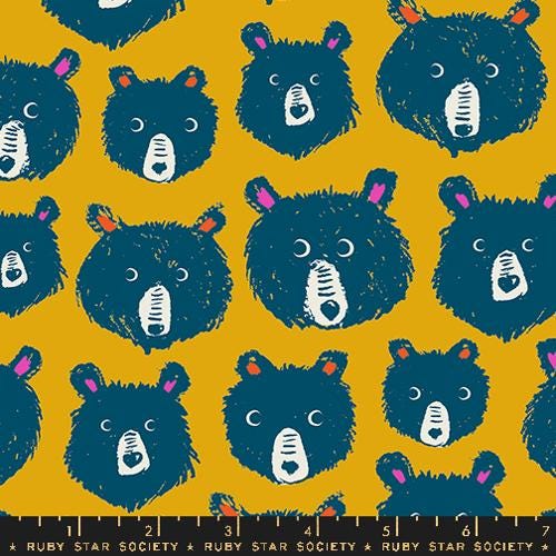 Image of the Teddy and the Bears Bear Heads Goldenrod quilting cotton fabric by Sarah Watts for Ruby Star Society, distributed by Moda Fabrics. Features various bear heads on a bright yellow background. 
Cute Little Fabric Shop