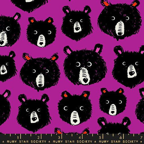 Image of the Teddy and the Bears Bear Heads Cheshire quilting cotton fabric by Sarah Watts for Ruby Star Society, distributed by Moda Fabrics. Features various bear heads on a bright pink purple background. 
Cute Little Fabric Shop