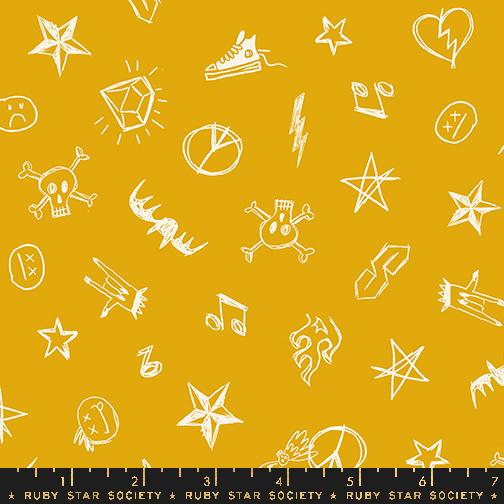 Image of the Teddy and the Bears Symbols Goldenrod quilting cotton fabric by Sarah Watts for Ruby Star Society, distributed by Moda Fabrics. Features sketched symbols on a mustard yellow background. 
Cute Little Fabric Shop