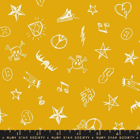 Image of the Teddy and the Bears Symbols Goldenrod quilting cotton fabric by Sarah Watts for Ruby Star Society, distributed by Moda Fabrics. Features sketched symbols on a mustard yellow background. 
Cute Little Fabric Shop