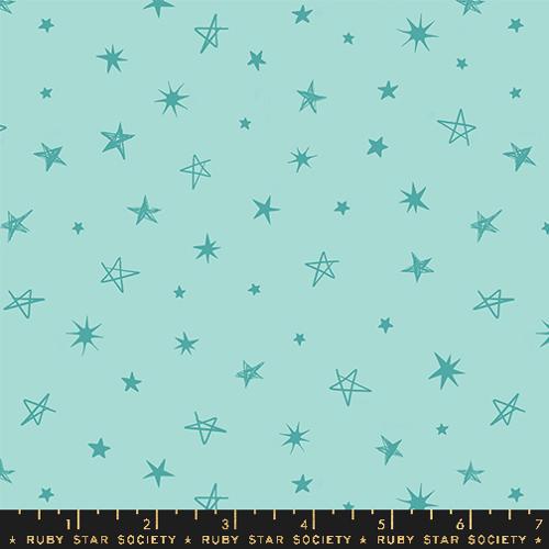 Image of the Teddy and the Bears Stars Frost quilting cotton fabric by Sarah Watts for Ruby Star Society, distributed by Moda Fabrics. Features sketched stars on a light aqua background. 
Cute Little Fabric Shop