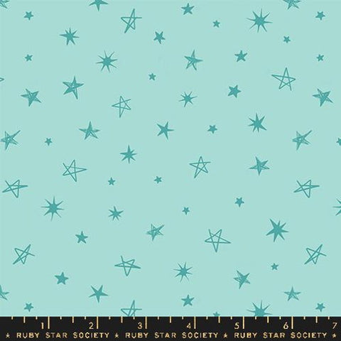 Image of the Teddy and the Bears Stars Frost quilting cotton fabric by Sarah Watts for Ruby Star Society, distributed by Moda Fabrics. Features sketched stars on a light aqua background. 
Cute Little Fabric Shop