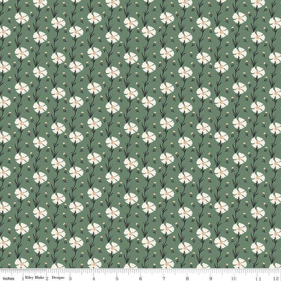 Image of the Wanderlust Carnation Green quilting cotton fabric by Danelys Sidron for Riley Blake Designs. Features flowers and leaves on a green background. 
Cute Little Fabric Shop