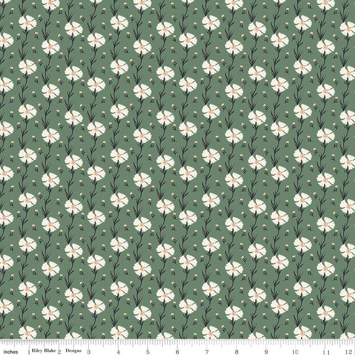 Image of the Wanderlust Carnation Green quilting cotton fabric by Danelys Sidron for Riley Blake Designs. Features flowers and leaves on a green background. 
Cute Little Fabric Shop