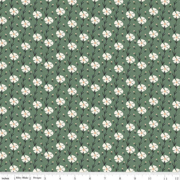 Image of the Wanderlust Carnation Green quilting cotton fabric by Danelys Sidron for Riley Blake Designs. Features flowers and leaves on a green background. 
Cute Little Fabric Shop