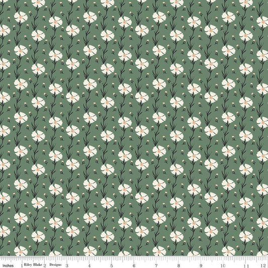 Image of the Wanderlust Carnation Green quilting cotton fabric by Danelys Sidron for Riley Blake Designs. Features flowers and leaves on a green background. 
Cute Little Fabric Shop