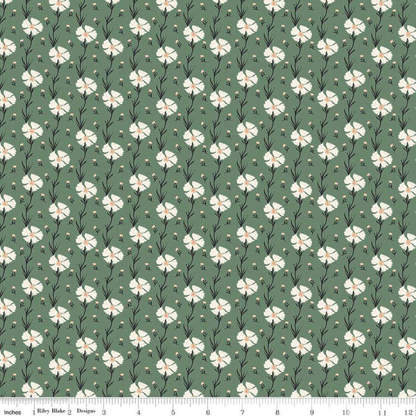 Image of the Wanderlust Carnation Green quilting cotton fabric by Danelys Sidron for Riley Blake Designs. Features flowers and leaves on a green background. 
Cute Little Fabric Shop