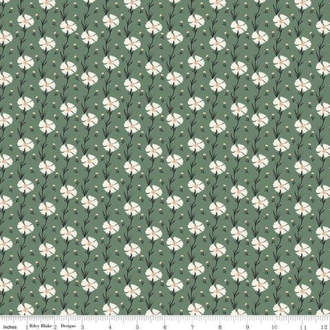 Image of the Wanderlust Carnation Green quilting cotton fabric by Danelys Sidron for Riley Blake Designs. Features flowers and leaves on a green background. 
Cute Little Fabric Shop