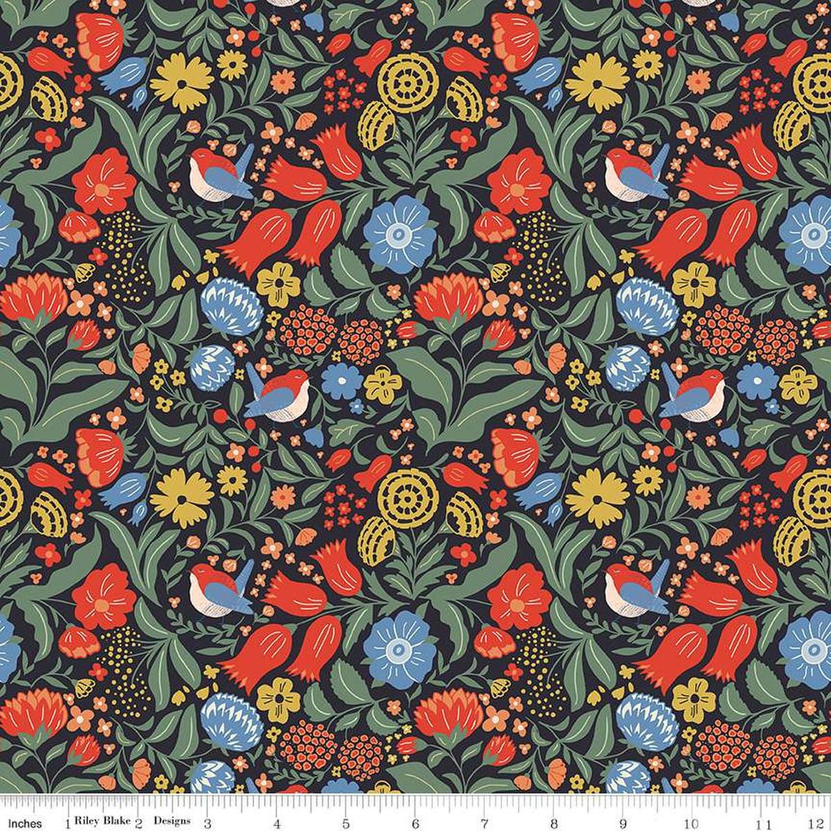 Image of the Wanderlust Main Charcoal quilting cotton fabric by Danelys Sidron for Riley Blake Designs. Features flowers, leaves, and birds on a dark brown black background. 
Cute Little Fabric Shop