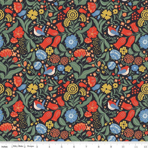 Image of the Wanderlust Main Charcoal quilting cotton fabric by Danelys Sidron for Riley Blake Designs. Features flowers, leaves, and birds on a dark brown black background. 
Cute Little Fabric Shop