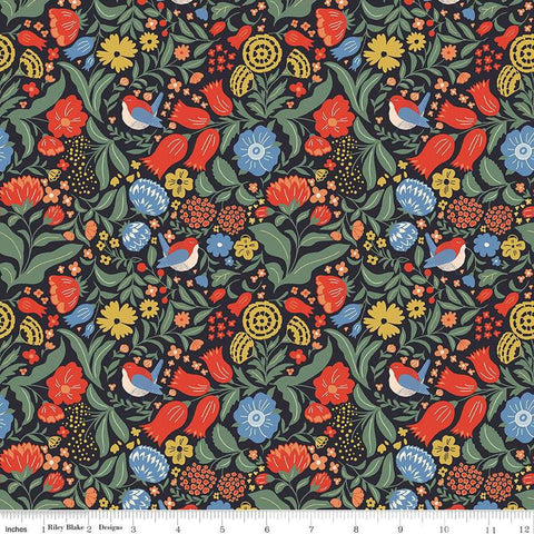 Image of the Wanderlust Main Charcoal quilting cotton fabric by Danelys Sidron for Riley Blake Designs. Features flowers, leaves, and birds on a dark brown black background. 
Cute Little Fabric Shop