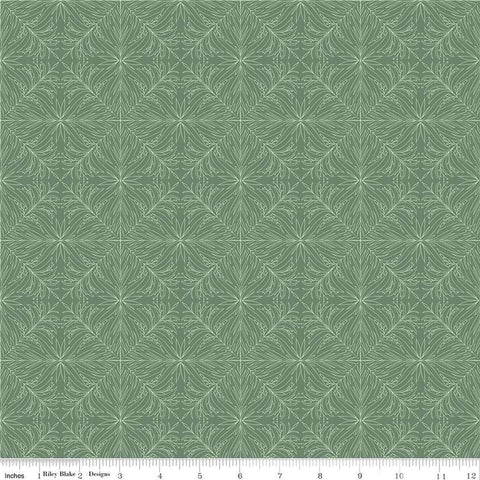 Image of the Wanderlust Oak Trail Green quilting cotton fabric by Danelys Sidron for Riley Blake Designs. Features tone-on-tone grid of leaves on a green background. 
Cute Little Fabric Shop