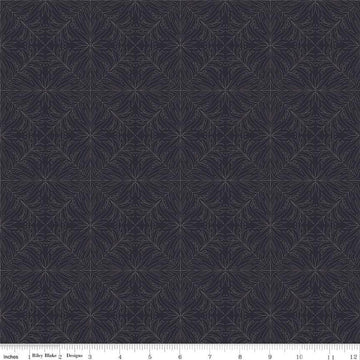 Image of the Wanderlust Oak Trail Charcoal quilting cotton fabric by Danelys Sidron for Riley Blake Designs. Features tone-on-tone grid of leaves on a dark blue black background. 
Cute Little Fabric Shop