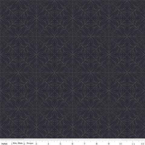 Image of the Wanderlust Oak Trail Charcoal quilting cotton fabric by Danelys Sidron for Riley Blake Designs. Features tone-on-tone grid of leaves on a dark blue black background. 
Cute Little Fabric Shop