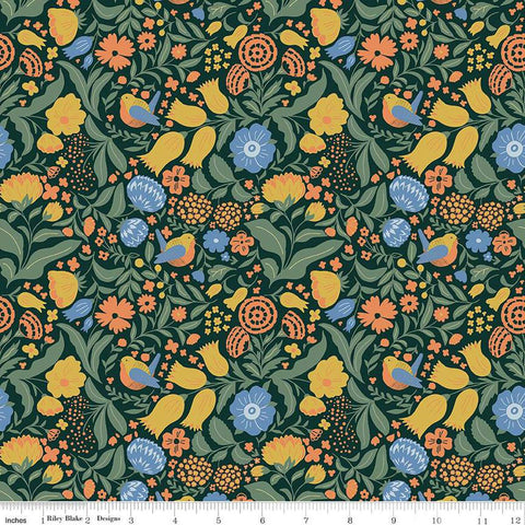 Image of the Wanderlust Main Dark Green quilting cotton fabric by Danelys Sidron for Riley Blake Designs. Features flowers, leaves, and birds on a dark green background. 
Cute Little Fabric Shop