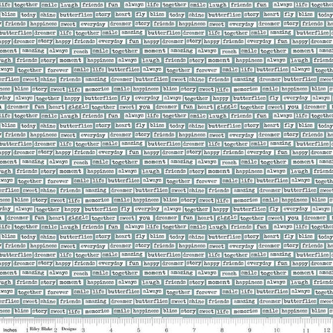 Image of the Vintage Charm Words Stone quilting cotton fabric by Dani Mogstad for Riley Blake Designs. Features typewriter text on a dusty blue background. 
Cute Little Fabric Shop