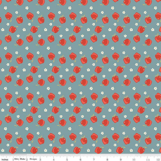 Image of the Vintage Charm Apples Stone quilting cotton fabric by Dani Mogstad for Riley Blake Designs. Features scattered apples and blossoms on a dusty blue background. 
Cute Little Fabric Shop