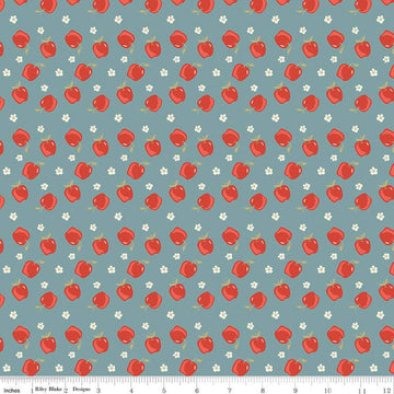 Image of the Vintage Charm Apples Stone quilting cotton fabric by Dani Mogstad for Riley Blake Designs. Features scattered apples and blossoms on a dusty blue background. 
Cute Little Fabric Shop