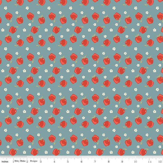 Image of the Vintage Charm Apples Stone quilting cotton fabric by Dani Mogstad for Riley Blake Designs. Features scattered apples and blossoms on a dusty blue background. 
Cute Little Fabric Shop