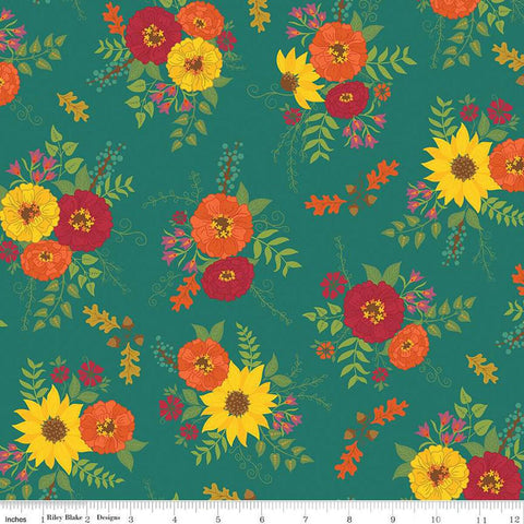 Image of the Autumn Afternoon Main Teal quilting cotton fabric by Heather Peterson for Riley Blake Designs. Features clusters of flowers and leaves and sprigs of oak leaves and acorns on a teal green background. 
Cute Little Fabric Shop