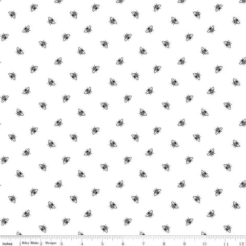 Image of the Perennial Bees White quilting cotton fabric by Jill Finley for Riley Blake Designs. Features small bees scattered on a white background. 
Cute Little Fabric Shop