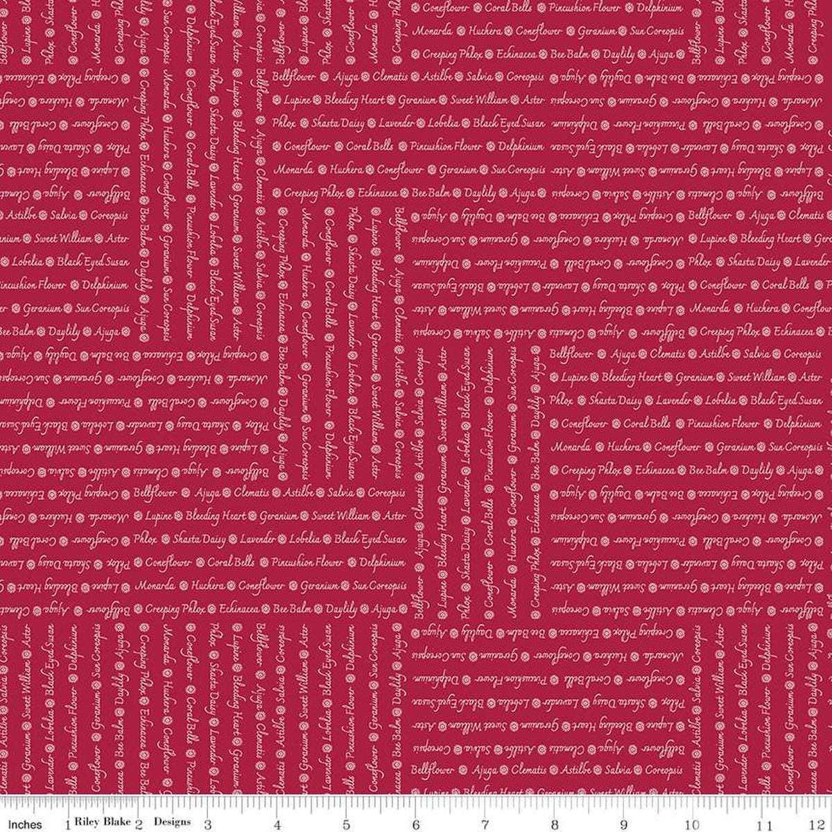 Image of the Perennial Words Red quilting cotton fabric by Jill Finley for Riley Blake Designs. Features flower themed text on a maroon background. 
Cute Little Fabric Shop