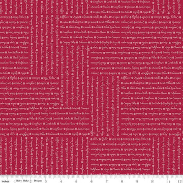 Image of the Perennial Words Red quilting cotton fabric by Jill Finley for Riley Blake Designs. Features flower themed text on a maroon background. 
Cute Little Fabric Shop