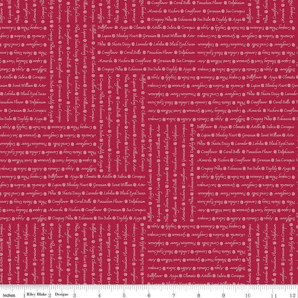 Image of the Perennial Words Red quilting cotton fabric by Jill Finley for Riley Blake Designs. Features flower themed text on a maroon background. 
Cute Little Fabric Shop