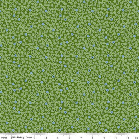 Image of the Perennial Mini Clover quilting cotton fabric by Jill Finley for Riley Blake Designs. Features small flowers on a dark green background. 
Cute Little Fabric Shop