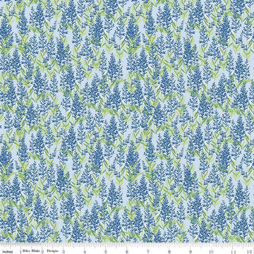 Image of the Perennial Sage Mist quilting cotton fabric by Jill Finley for Riley Blake Designs. Features small sprigs of flowers on a light blue background. 
Cute Little Fabric Shop