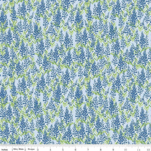 Image of the Perennial Sage Mist quilting cotton fabric by Jill Finley for Riley Blake Designs. Features small sprigs of flowers on a light blue background. 
Cute Little Fabric Shop