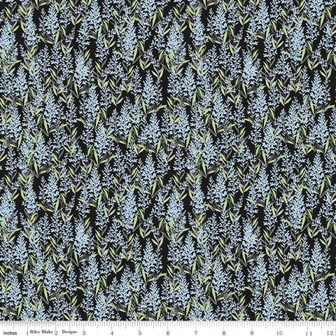 Image of the Perennial Sage Black quilting cotton fabric by Jill Finley for Riley Blake Designs. Features small sprigs of flowers on a black background. 
Cute Little Fabric Shop