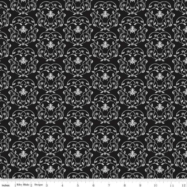 Image of the Perennial Queen Vine Black quilting cotton fabric by Jill Finley for Riley Blake Designs. Features a bee and vine damask pattern on a black background. 
Cute Little Fabric Shop