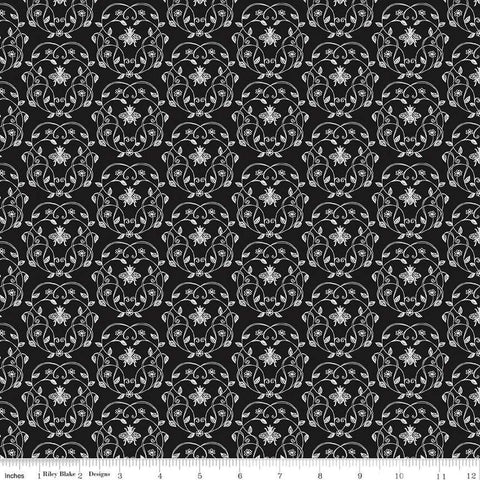 Image of the Perennial Queen Vine Black quilting cotton fabric by Jill Finley for Riley Blake Designs. Features a bee and vine damask pattern on a black background. 
Cute Little Fabric Shop