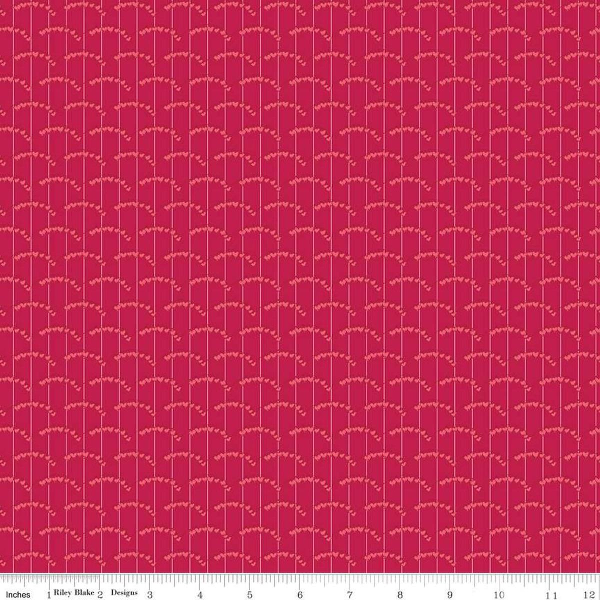 Image of the Perennial Heart Scallops Red quilting cotton fabric by Jill Finley for Riley Blake Designs. Features heart scallops on a striped background on a maroon background. 
Cute Little Fabric Shop