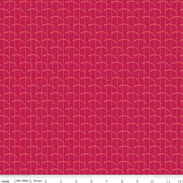 Image of the Perennial Heart Scallops Red quilting cotton fabric by Jill Finley for Riley Blake Designs. Features heart scallops on a striped background on a maroon background. 
Cute Little Fabric Shop