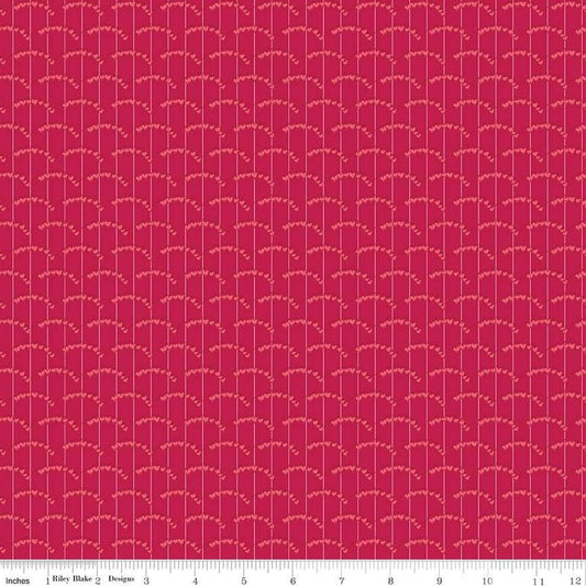 Image of the Perennial Heart Scallops Red quilting cotton fabric by Jill Finley for Riley Blake Designs. Features heart scallops on a striped background on a maroon background. 
Cute Little Fabric Shop