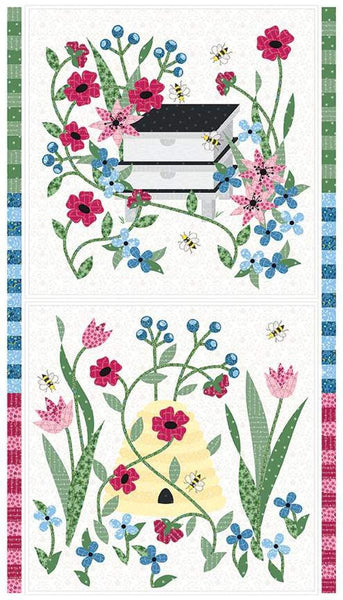 Perennial cotton panel by Jill Finley for Riley Blake Designs. Features books and a beehive surrounded by flowers on a white background. 
Cute Little Fabric Shop