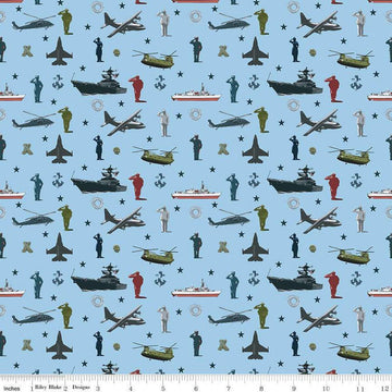 SALE Coming Home Armed Forces Main C14420 Blue - Riley Blake Designs - Personnel Vehicles Icons Patriotic - Quilting Cotton Fabric