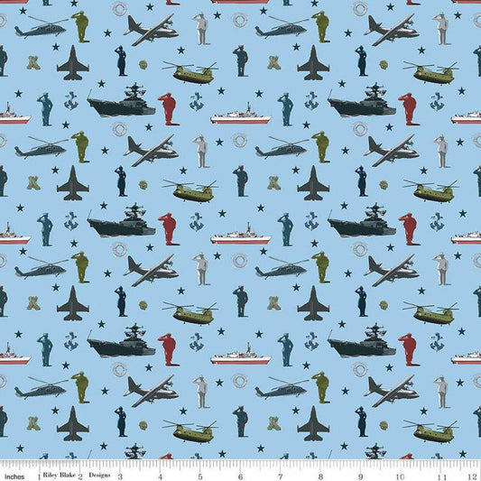 SALE Coming Home Armed Forces Main C14420 Blue - Riley Blake Designs - Personnel Vehicles Icons Patriotic - Quilting Cotton Fabric