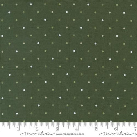Image of the Magic Dot Forest quilting cotton fabric by Lella Boutique for Moda Fabrics. Features polka dots on a dark green background. 
Cute Little Fabric Shop