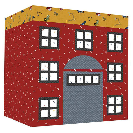 Image of the City Toy Bins pattern by Jennifer Long for Riley Blake Designs. Features a toy organizer with red fabric. 
Cute Little Fabric Shop