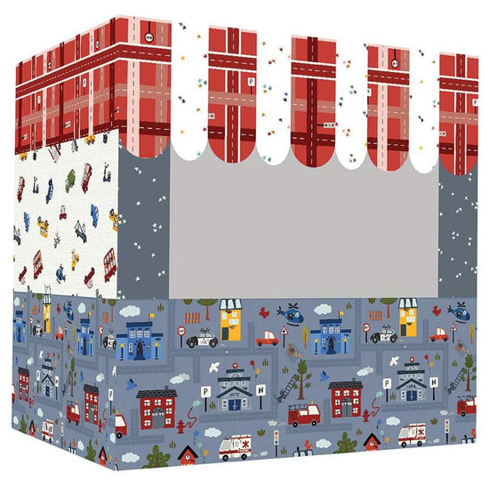 Image of the City Toy Bins pattern by Jennifer Long for Riley Blake Designs. Features a toy organizer with grey, red, and yellow fabric. 
Cute Little Fabric Shop