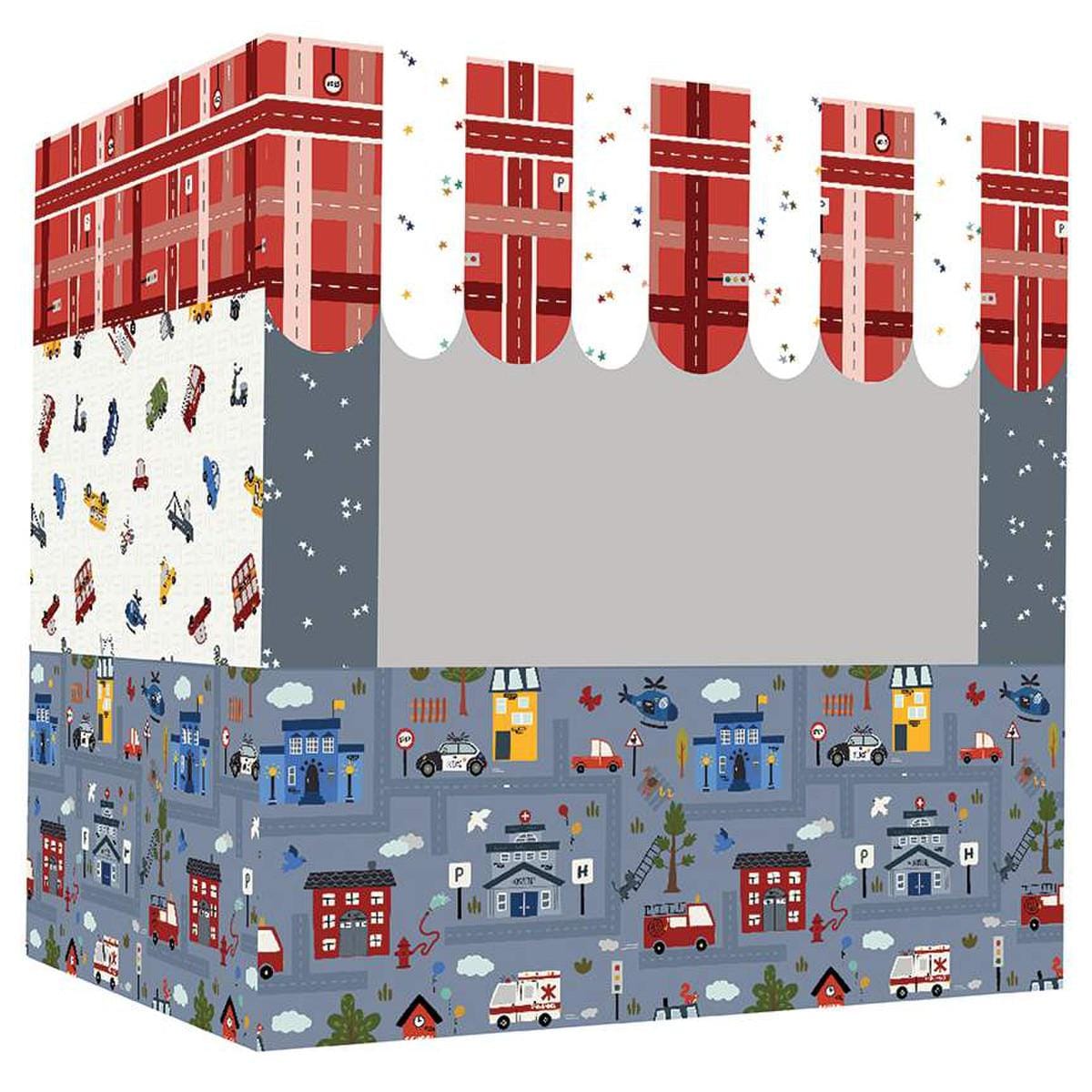 Image of the City Toy Bins pattern by Jennifer Long for Riley Blake Designs. Features a toy organizer with grey, red, and yellow fabric. 
Cute Little Fabric Shop