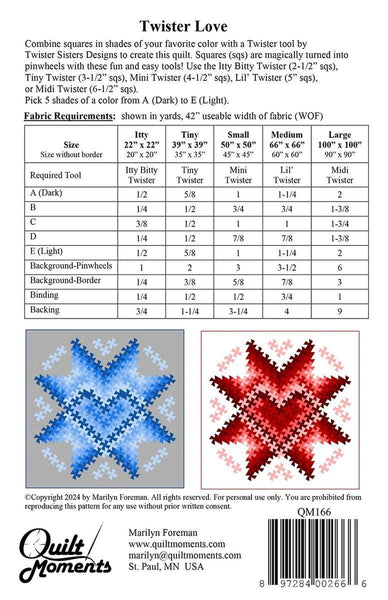 Image of the Twister Love Quilt Pattern by Quilt Moments for Riley Blake Designs. Features the fabric requirements for constructing this quilt in multiple sizes. 
Cute Little Fabric Shop