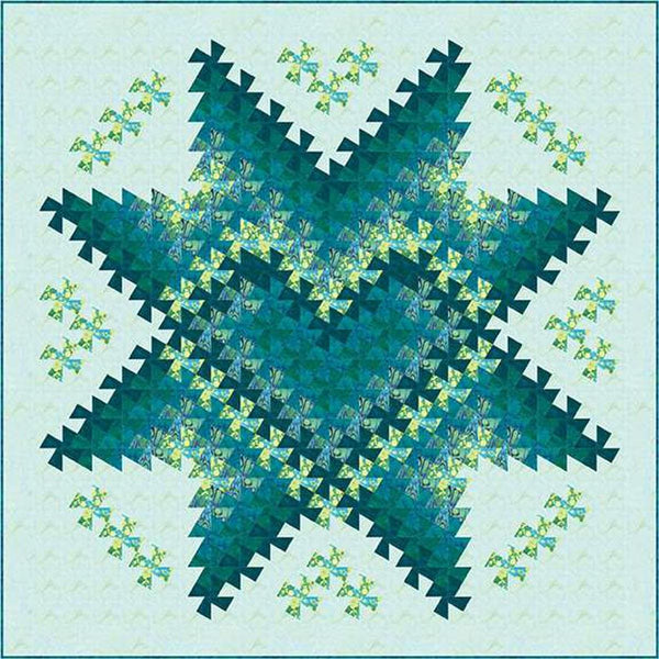 Image of the Twister Love Quilt Pattern by Quilt Moments for Riley Blake Designs. Features a green star pattern with a quilt in the middle. 
Cute Little Fabric Shop