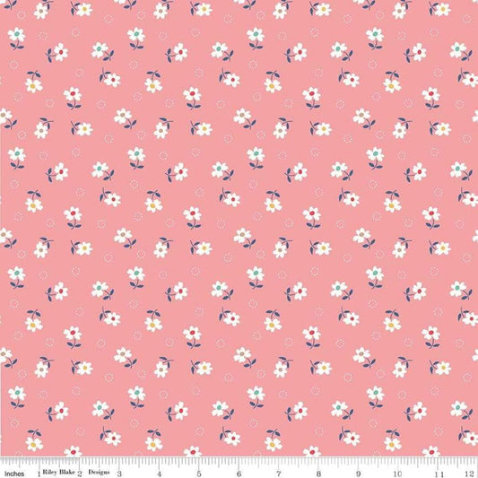 Image of the Farm Girl Vintage Daisy Coral quilting cotton by Lori Holt for Riley Blake Designs. Features flowers on a pink background. 
Cute Little Fabric Shop