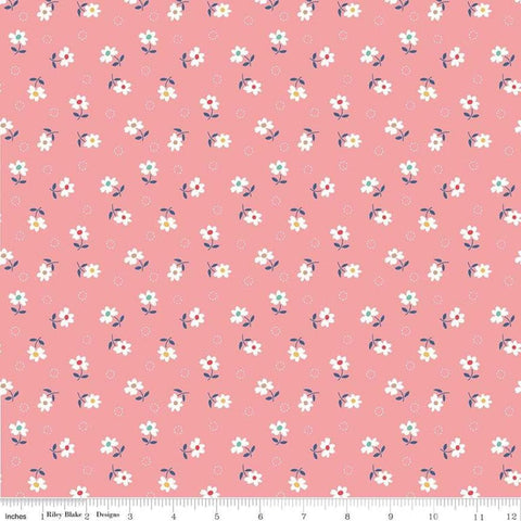 Image of the Farm Girl Vintage Daisy Coral quilting cotton by Lori Holt for Riley Blake Designs. Features flowers on a pink background. 
Cute Little Fabric Shop