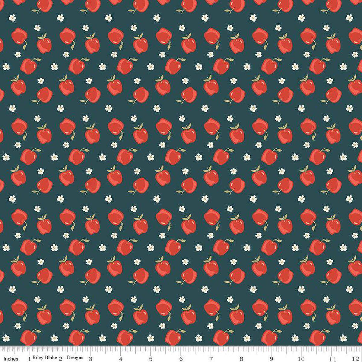 Image of the Vintage Charm Apples Midnight quilting cotton fabric by Dani Mogstad for Riley Blake Designs. Features scattered apples and blossoms on a dark blue background. 
Cute Little Fabric Shop